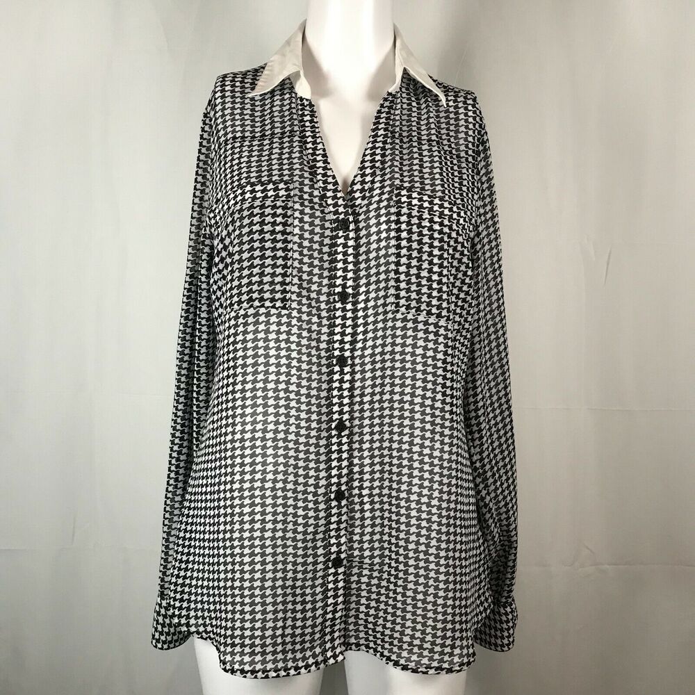 Express Shirt Womens‎ Sz S Portofino Black White Houndstooth Button Long Sleeve